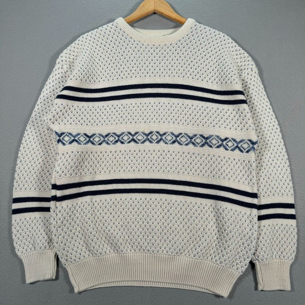 Vintage Jantzen Sweater Men Large Beige Knit Patterned Crewneck Pullover Classic